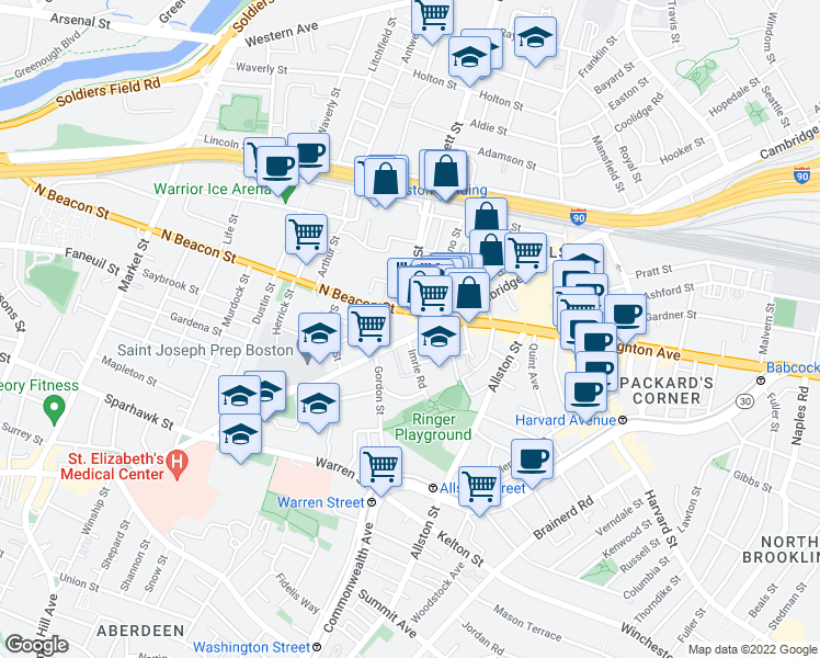 map of restaurants, bars, coffee shops, grocery stores, and more near 523 Cambridge Street in Allston