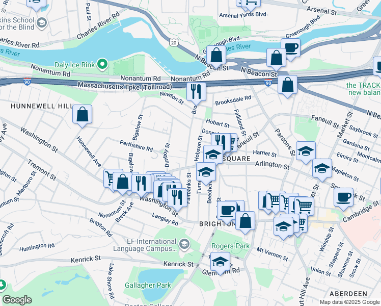 map of restaurants, bars, coffee shops, grocery stores, and more near 99 Brooks Street in Boston