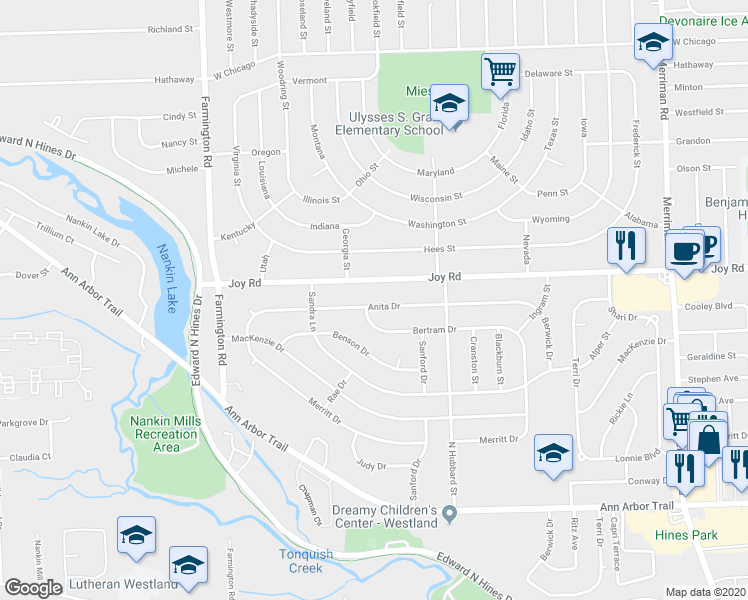 map of restaurants, bars, coffee shops, grocery stores, and more near 32714 Anita Drive in Westland