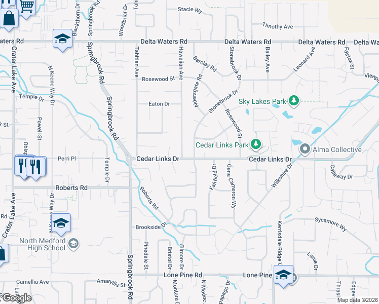 map of restaurants, bars, coffee shops, grocery stores, and more near 2528 Hawaiian Avenue in Medford
