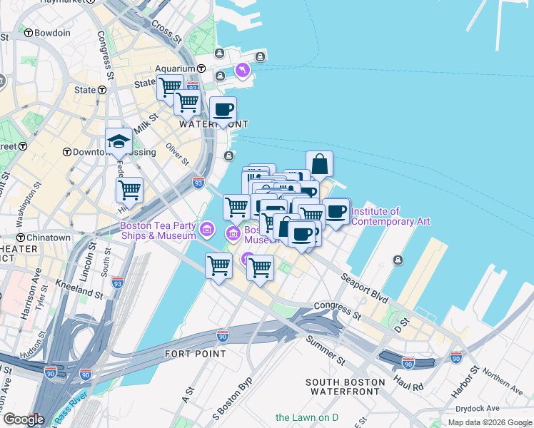 map of restaurants, bars, coffee shops, grocery stores, and more near 31 Northern Avenue in Boston