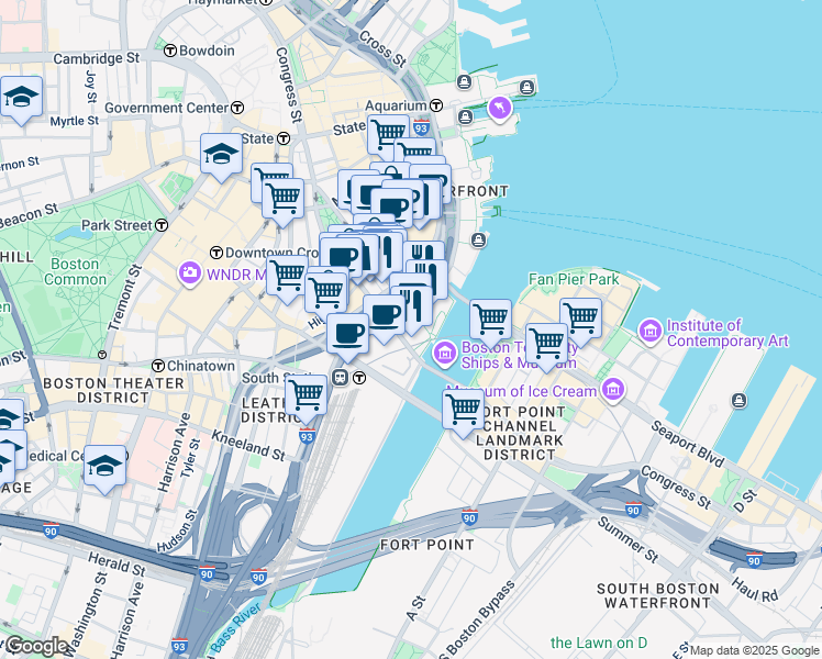 map of restaurants, bars, coffee shops, grocery stores, and more near 500 Atlantic Avenue in Boston
