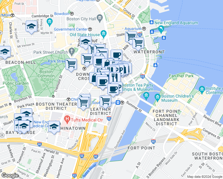 map of restaurants, bars, coffee shops, grocery stores, and more near 175 Federal Street in Boston