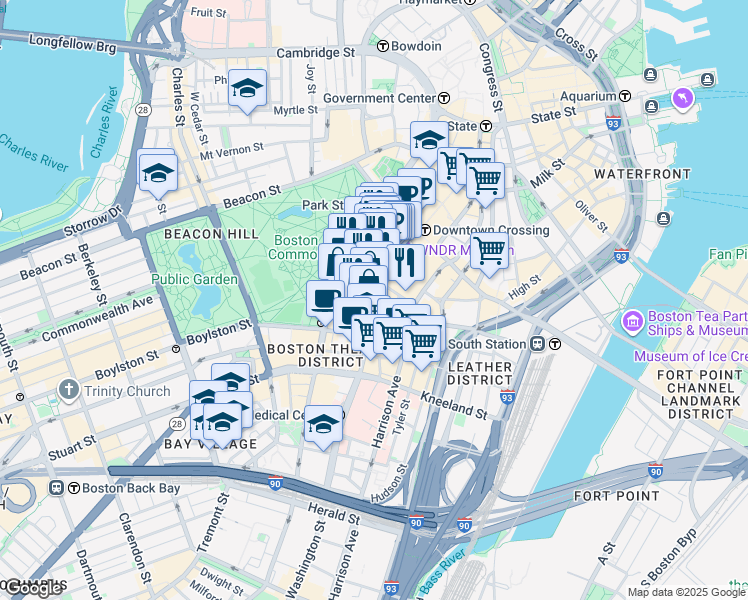 map of restaurants, bars, coffee shops, grocery stores, and more near 539 Washington Street in Boston