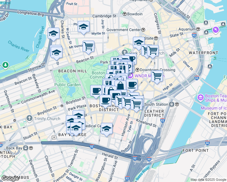 map of restaurants, bars, coffee shops, grocery stores, and more near 165-166 Tremont Street in Boston