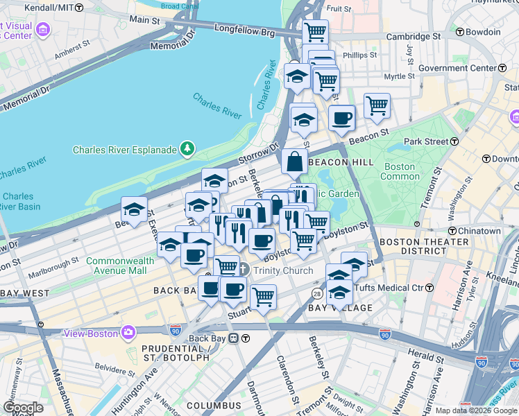 map of restaurants, bars, coffee shops, grocery stores, and more near 62 Marlborough Street in Boston