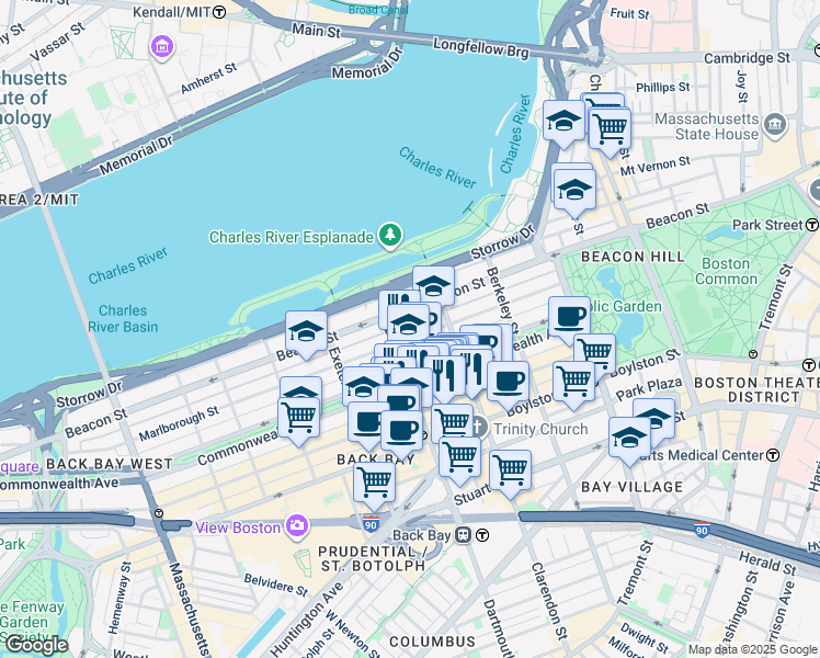 map of restaurants, bars, coffee shops, grocery stores, and more near in Boston