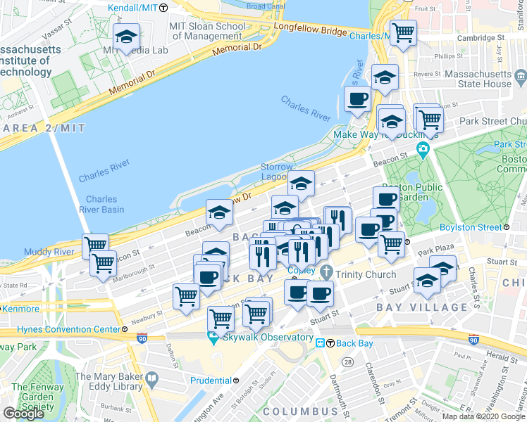 map of restaurants, bars, coffee shops, grocery stores, and more near 232 Beacon Street in Boston