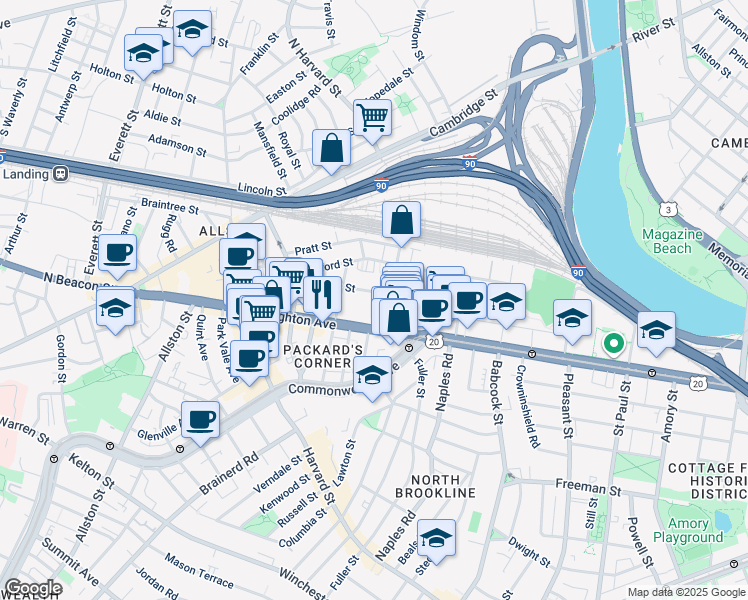 map of restaurants, bars, coffee shops, grocery stores, and more near 72 Gardner Street in Boston
