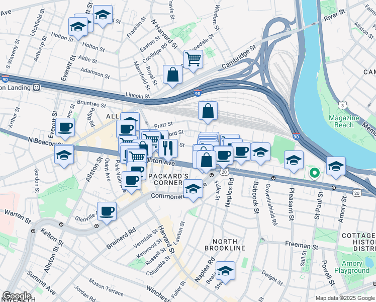 map of restaurants, bars, coffee shops, grocery stores, and more near 72 Gardner Street in Boston