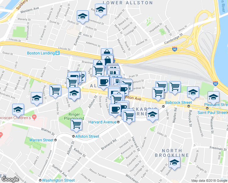 map of restaurants, bars, coffee shops, grocery stores, and more near 9 Farrington Avenue in Boston