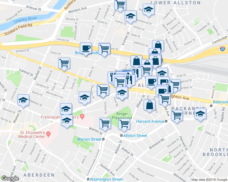 map of restaurants, bars, coffee shops, grocery stores, and more near in Boston