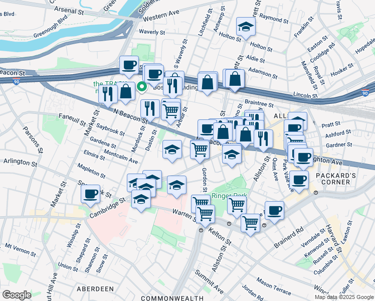 map of restaurants, bars, coffee shops, grocery stores, and more near 68 Saunders Street in Boston