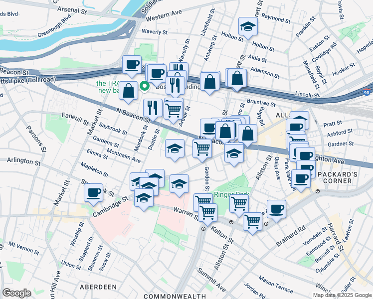 map of restaurants, bars, coffee shops, grocery stores, and more near 68 Saunders Street in Boston
