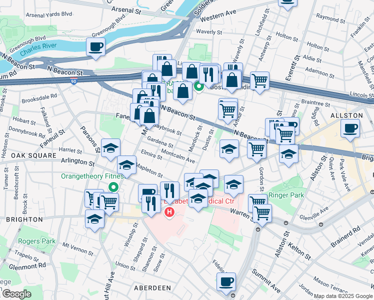 map of restaurants, bars, coffee shops, grocery stores, and more near 55 Saybrook Street in Boston
