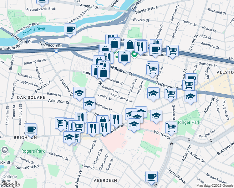 map of restaurants, bars, coffee shops, grocery stores, and more near in Boston