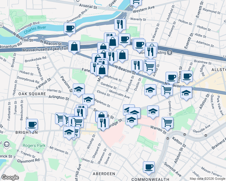 map of restaurants, bars, coffee shops, grocery stores, and more near in Boston