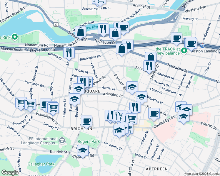 map of restaurants, bars, coffee shops, grocery stores, and more near 16 Duncklee Street in Boston