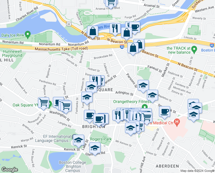 map of restaurants, bars, coffee shops, grocery stores, and more near in Boston