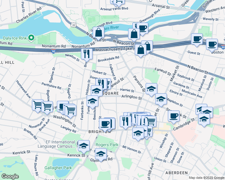 map of restaurants, bars, coffee shops, grocery stores, and more near in Boston