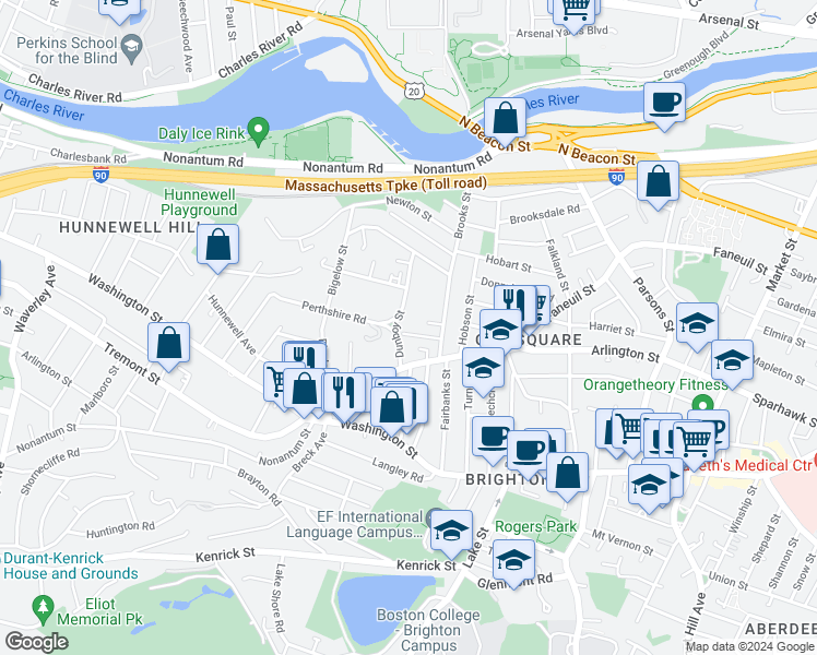map of restaurants, bars, coffee shops, grocery stores, and more near 61 Dunboy Street in Boston