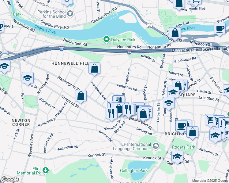 map of restaurants, bars, coffee shops, grocery stores, and more near 82 Perthshire Road in Boston