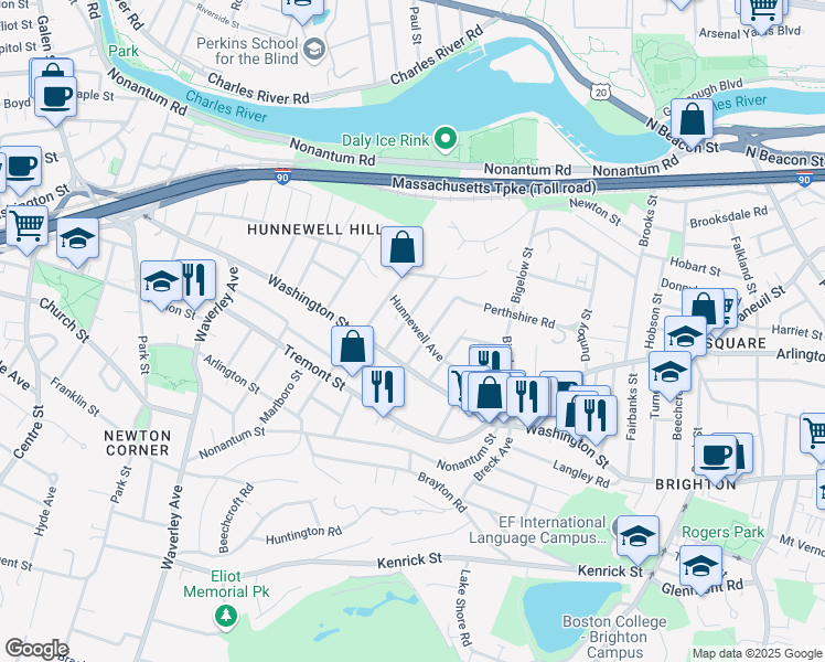 map of restaurants, bars, coffee shops, grocery stores, and more near 82 Hunnewell Avenue in Boston