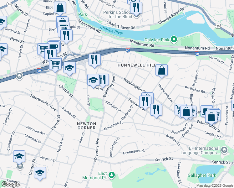map of restaurants, bars, coffee shops, grocery stores, and more near 42 Whittemore Road in Newton