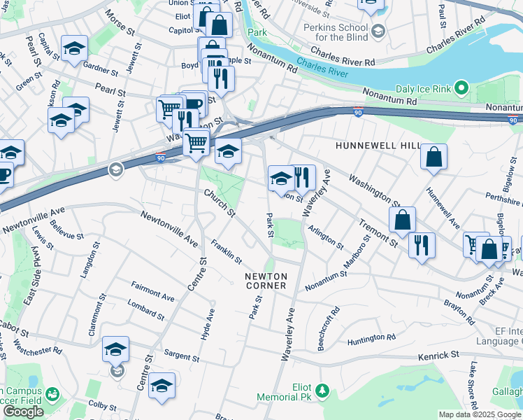 map of restaurants, bars, coffee shops, grocery stores, and more near 85 Park Street in Newton