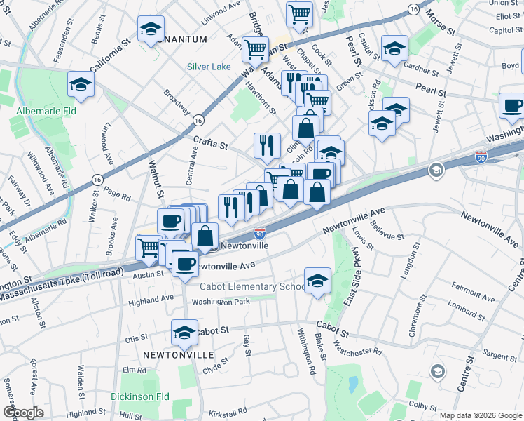 map of restaurants, bars, coffee shops, grocery stores, and more near 39 Court Street in Newton