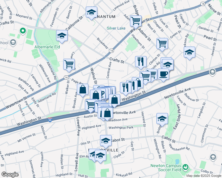 map of restaurants, bars, coffee shops, grocery stores, and more near 57 Turner Terrace in Newton