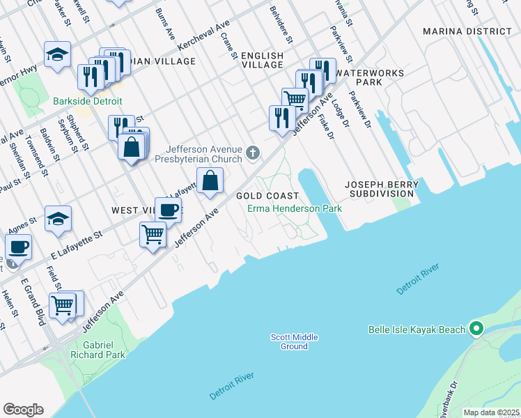 map of restaurants, bars, coffee shops, grocery stores, and more near in Detroit