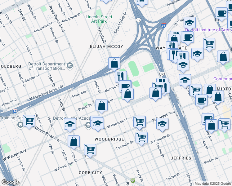 map of restaurants, bars, coffee shops, grocery stores, and more near 1541 Merrick Street in Detroit