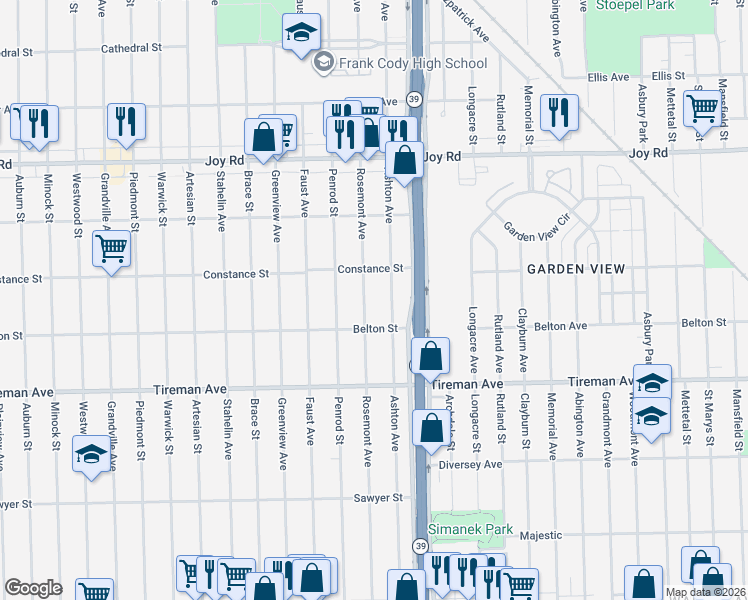 map of restaurants, bars, coffee shops, grocery stores, and more near 8314 Rosemont Avenue in Detroit