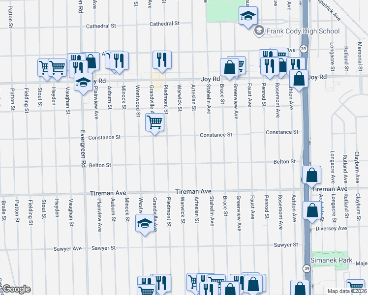 map of restaurants, bars, coffee shops, grocery stores, and more near 8317 Warwick Street in Detroit