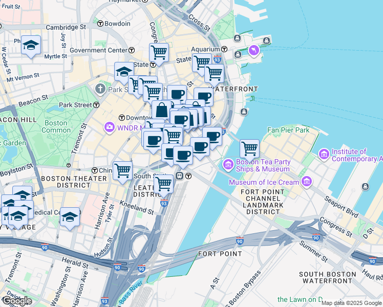 map of restaurants, bars, coffee shops, grocery stores, and more near Atlantic Avenue in Boston