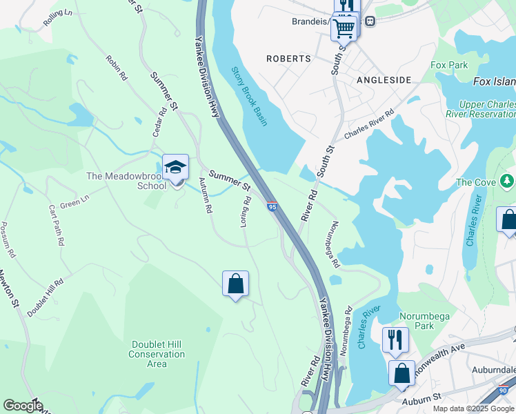 map of restaurants, bars, coffee shops, grocery stores, and more near 125 Loring Road in Weston