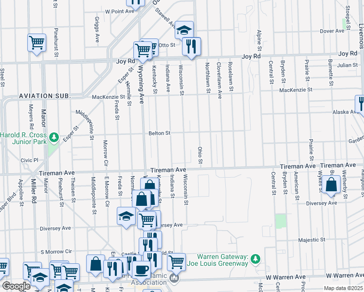 map of restaurants, bars, coffee shops, grocery stores, and more near 8103 Wisconsin Street in Detroit