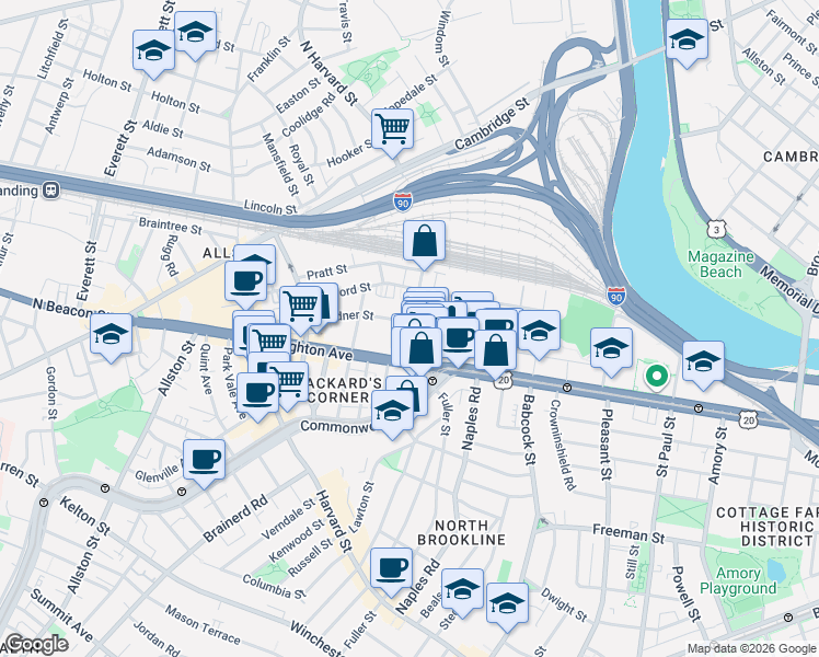 map of restaurants, bars, coffee shops, grocery stores, and more near 69 Ashford Street in Boston