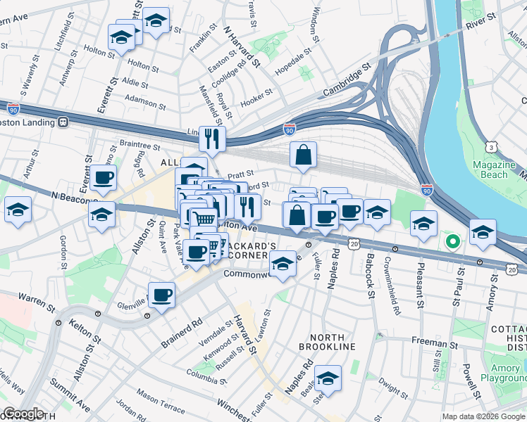 map of restaurants, bars, coffee shops, grocery stores, and more near 56 Gardner Street in Boston