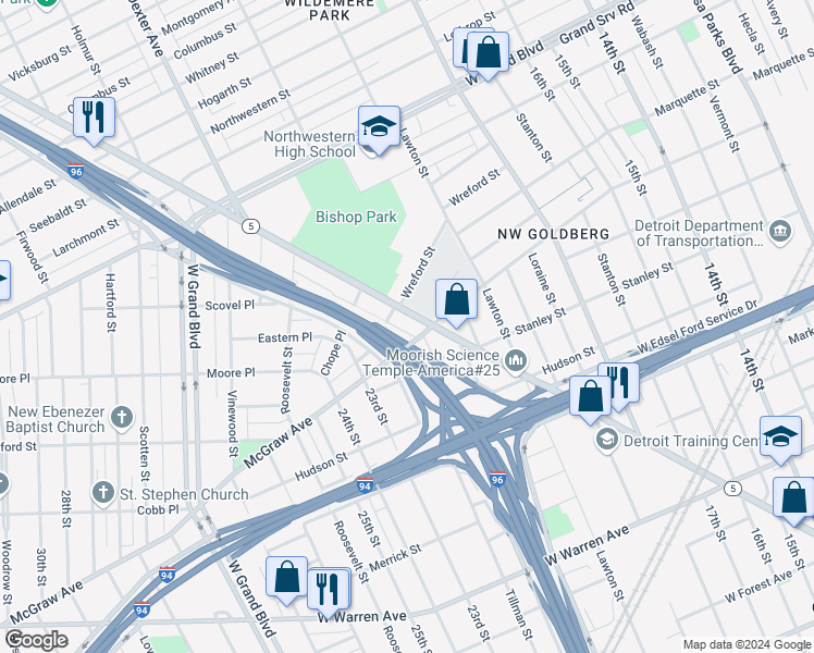map of restaurants, bars, coffee shops, grocery stores, and more near 3030 McGraw Avenue in Detroit