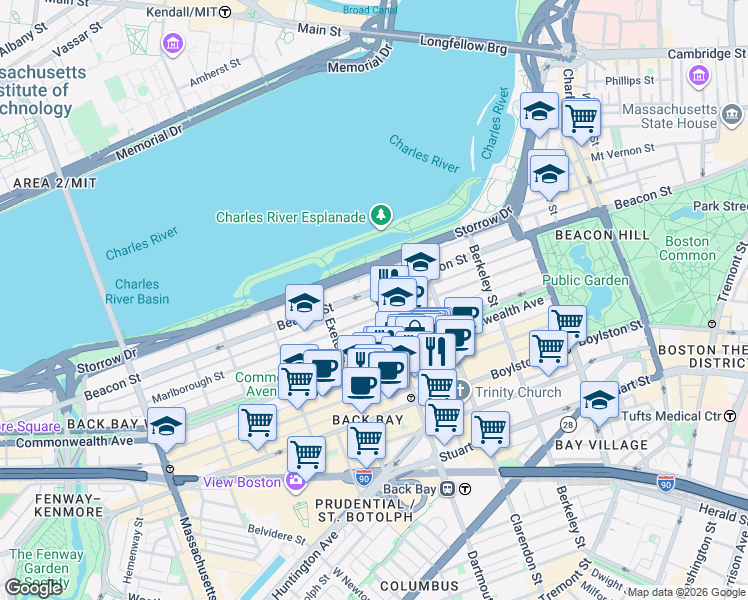 map of restaurants, bars, coffee shops, grocery stores, and more near 232 Beacon Street in Boston