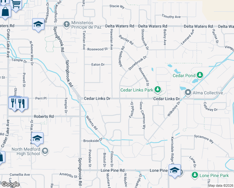 map of restaurants, bars, coffee shops, grocery stores, and more near 2528 Hawaiian Avenue in Medford
