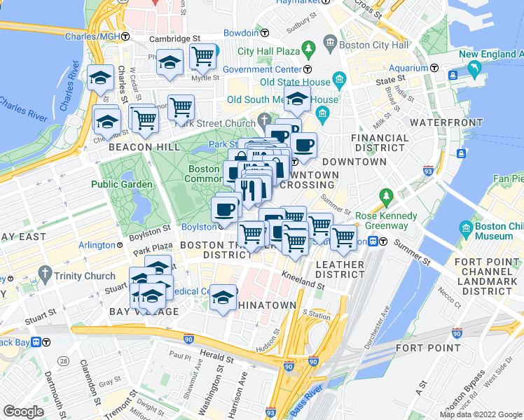 map of restaurants, bars, coffee shops, grocery stores, and more near 539 Washington Street in Boston