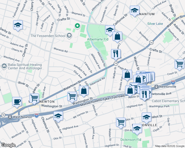 map of restaurants, bars, coffee shops, grocery stores, and more near 72 Kensington Street in Newton