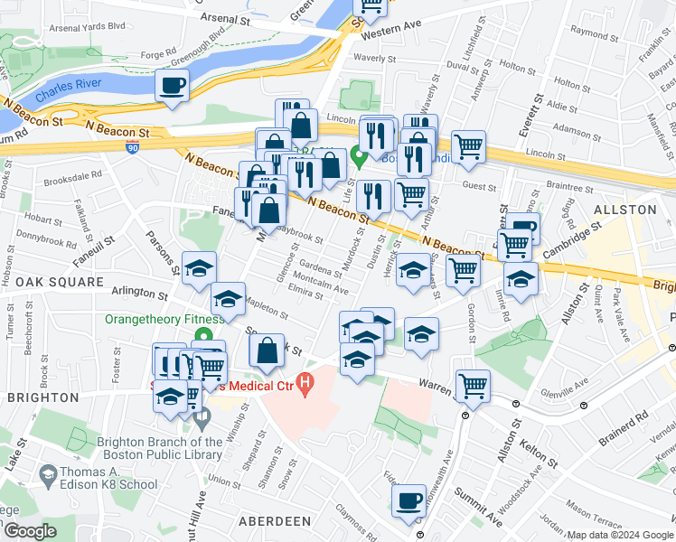 map of restaurants, bars, coffee shops, grocery stores, and more near 88 Gardena Street in Boston