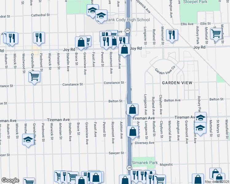 map of restaurants, bars, coffee shops, grocery stores, and more near 8314 Rosemont Avenue in Detroit