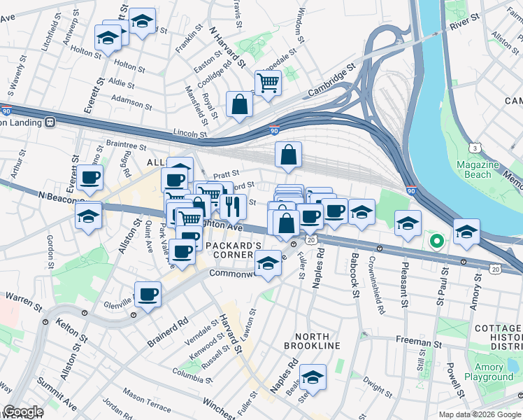 map of restaurants, bars, coffee shops, grocery stores, and more near 72 Gardner Street in Boston