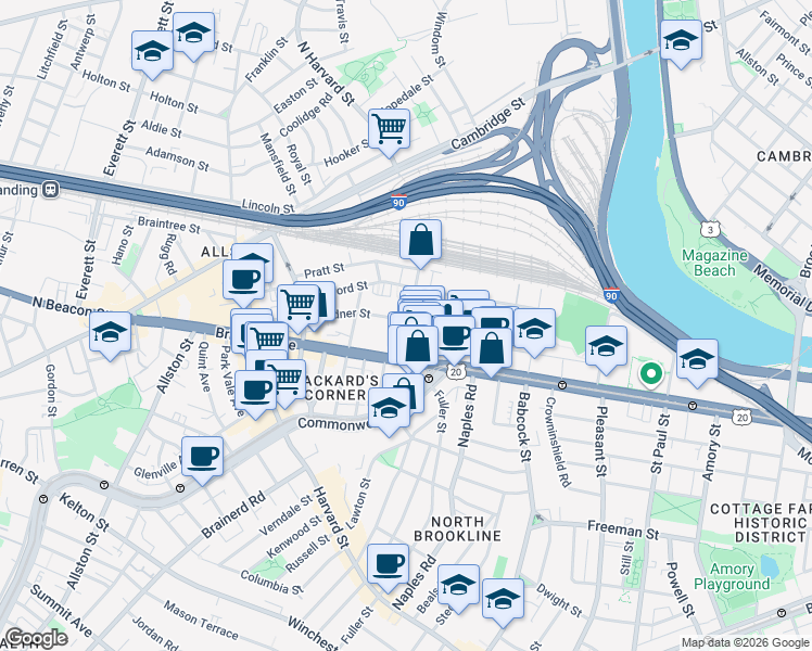 map of restaurants, bars, coffee shops, grocery stores, and more near 69 Ashford Street in Boston