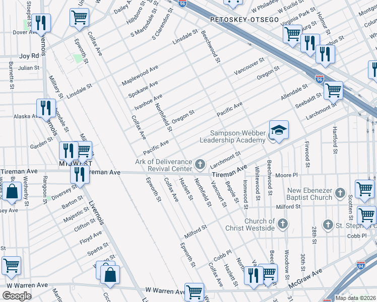 map of restaurants, bars, coffee shops, grocery stores, and more near 5342 Allendale Street in Detroit